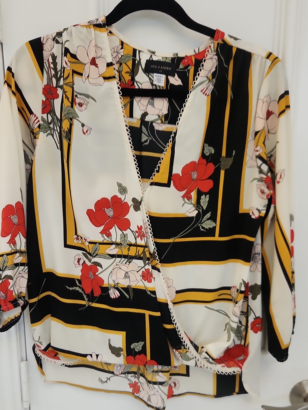 Ava & Viv Cream Wrap Blouse with Red Floral and Black/Gold Geometric Trim